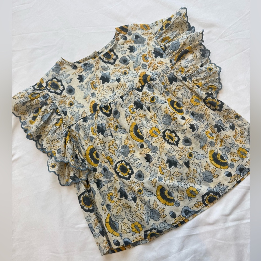 Floral Ruffle Sleeve Top - Yellow and Gray